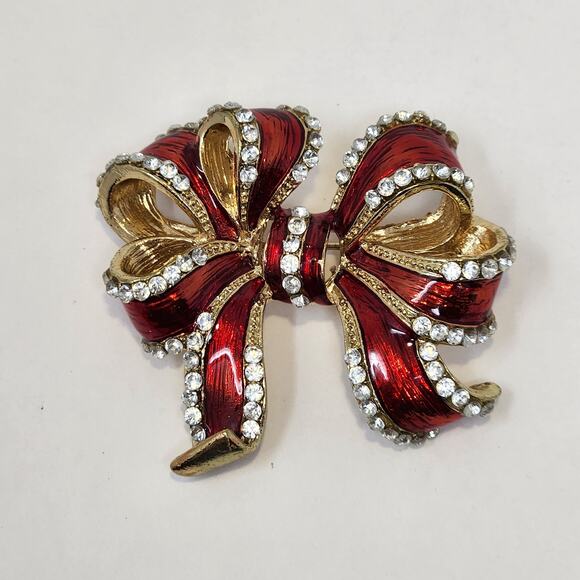 Fashion Jewelry Jewelry - Ribbon Bow Red Enamel Brooch Pin Gold Tone Clear Rhinestone Holiday 3D Christmas